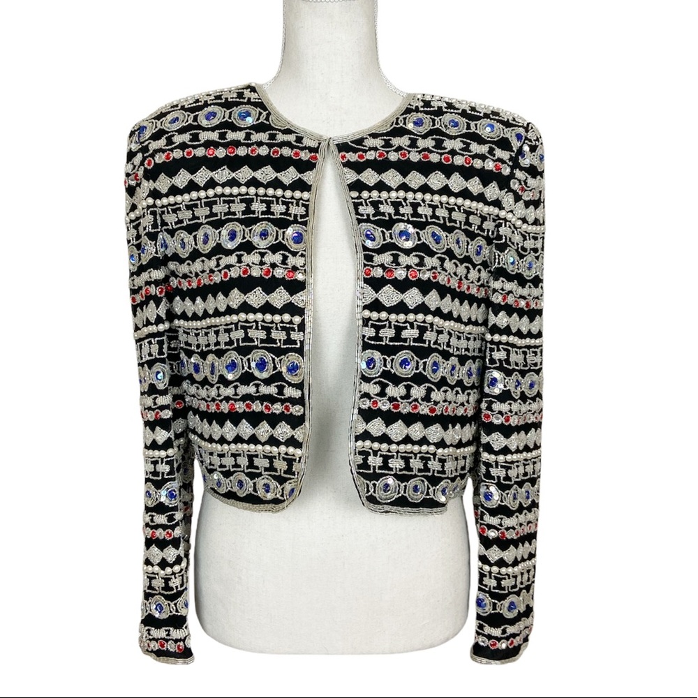 Vintage NiteLine by Della Roufogali Pearl & Red Blue  Sequin Jacket Size Small